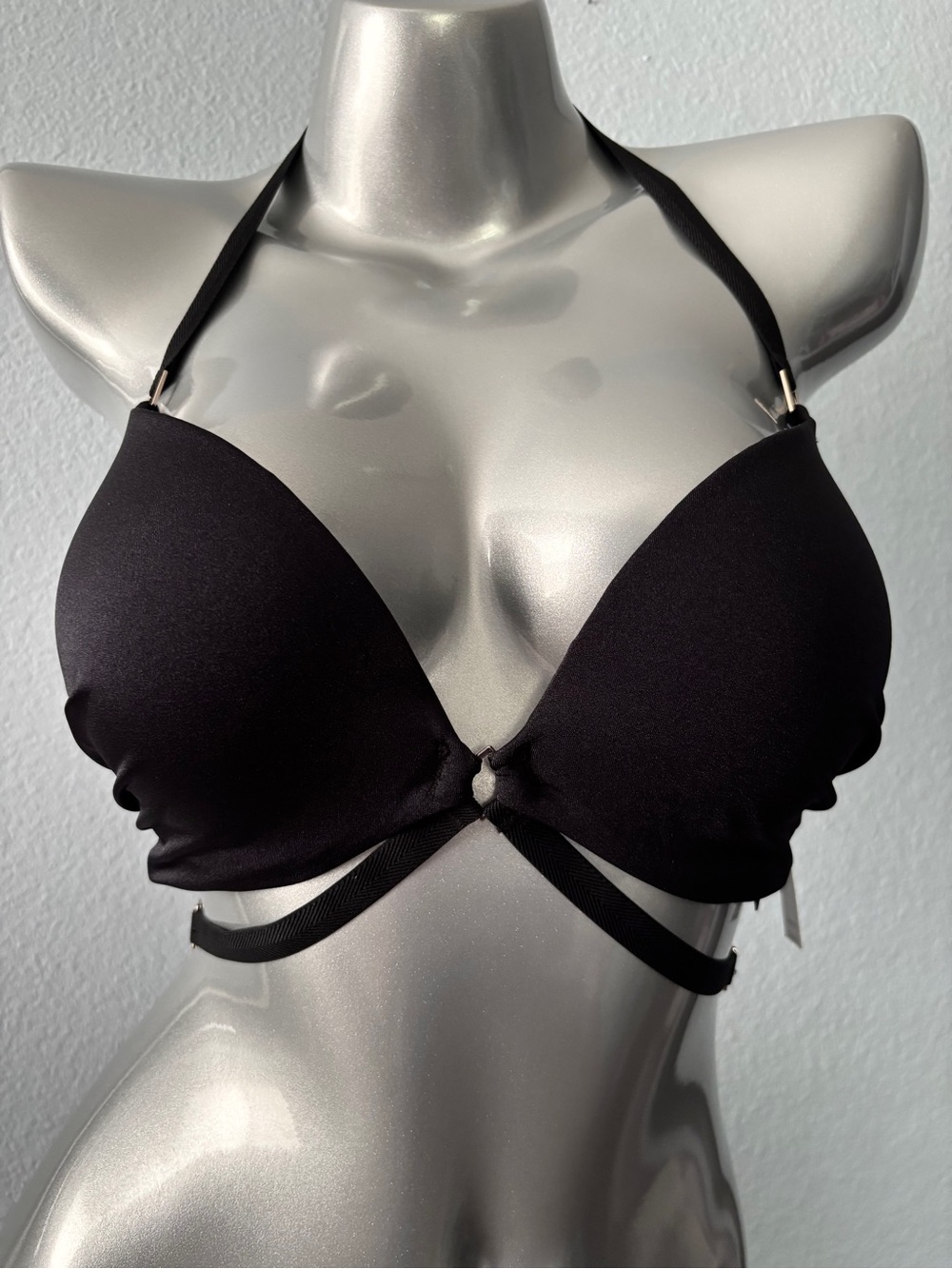 Victoria's Secret Swim Bikini Top Black Push Up Halter w/ Gold Hardware Nwt 32D